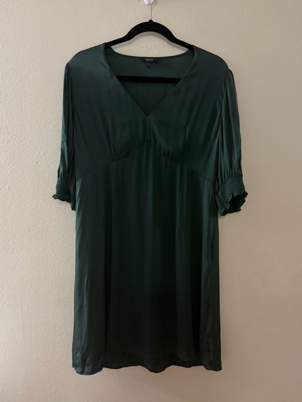 Quince Washable Stretch Silk V-Neck Smocked Sleeve Mini Dress Forest Green L - Picture 4 of 10